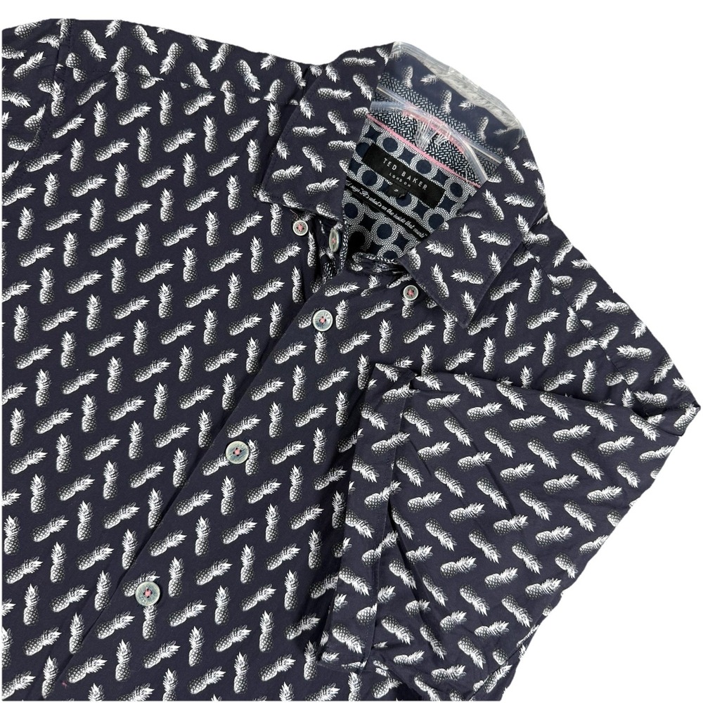 Ted Baker Mens Pineapple Print Button Up Shirt 3 Black Novelty Tropical